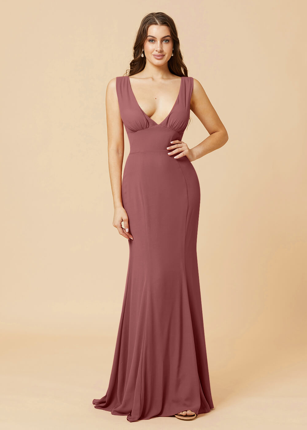 Deep V-neck Sheath Tie Back Chiffon Bridesmaid Dress
