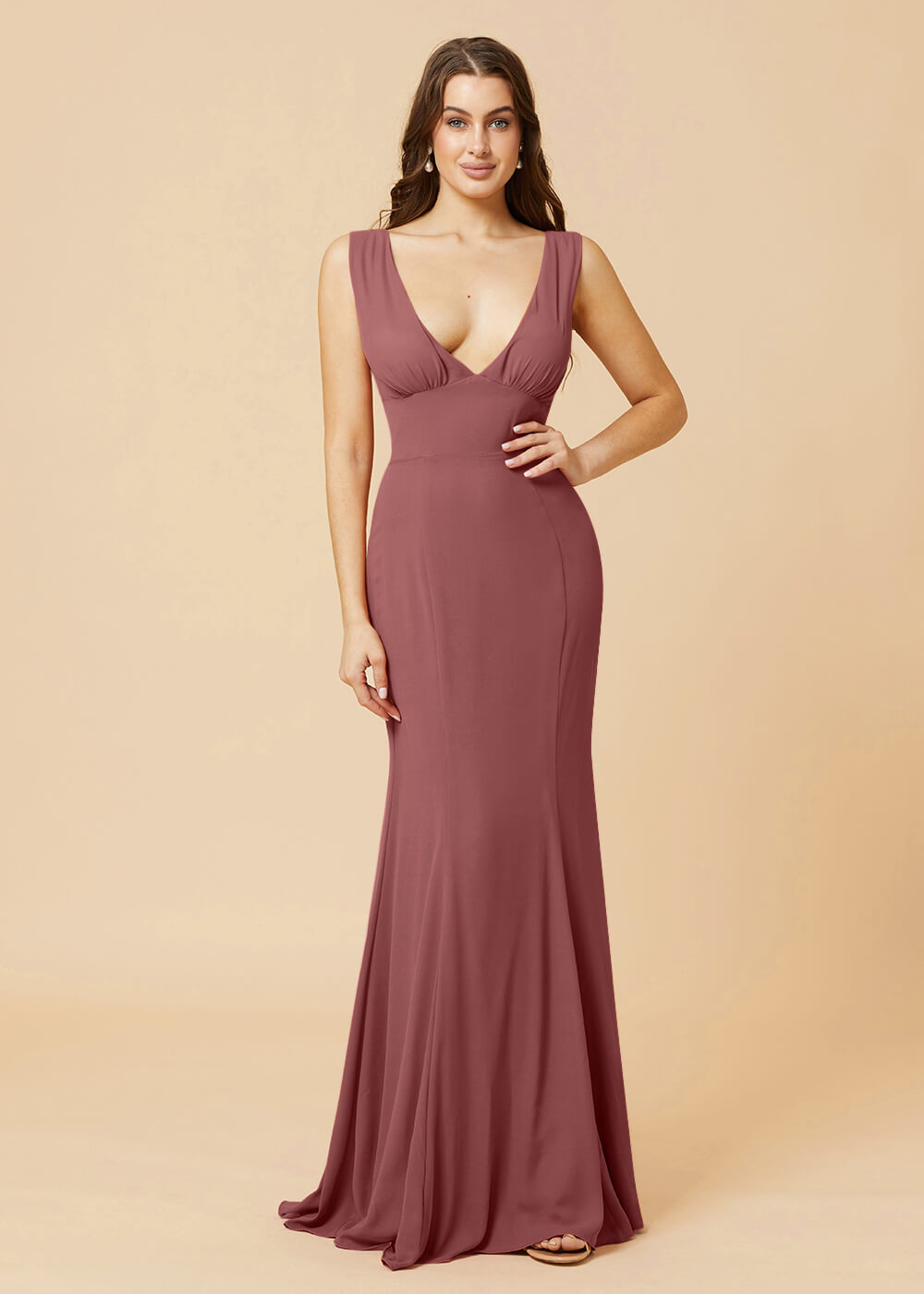 Deep V-neck Sheath Tie Back Chiffon Bridesmaid Dress