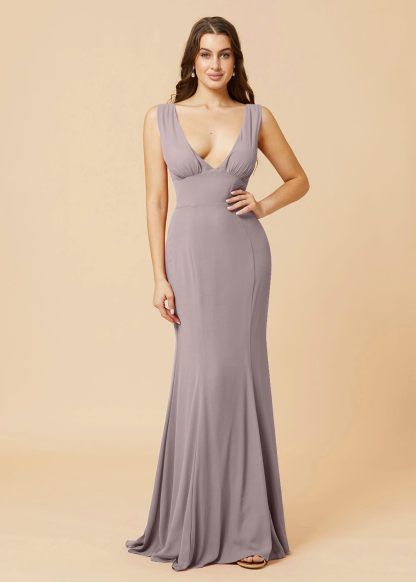 Deep V-neck Sheath Tie Back Chiffon Bridesmaid Dress