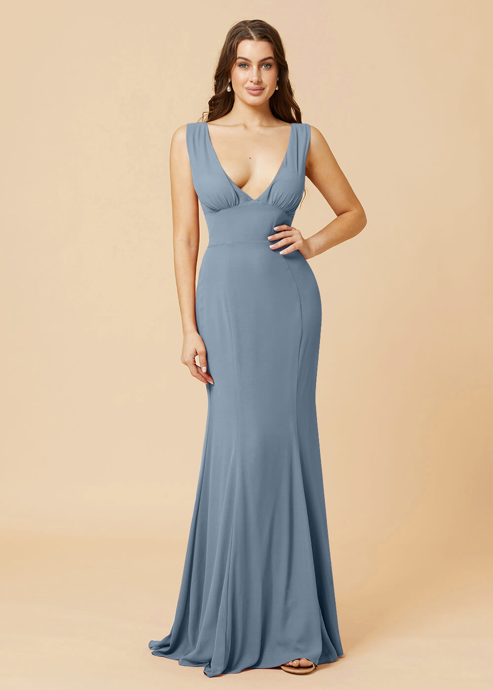 Deep V-neck Sheath Tie Back Chiffon Bridesmaid Dress