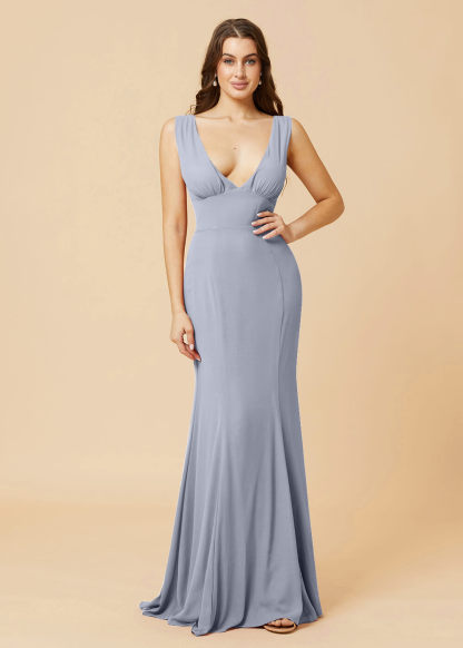Deep V-neck Sheath Tie Back Chiffon Bridesmaid Dress