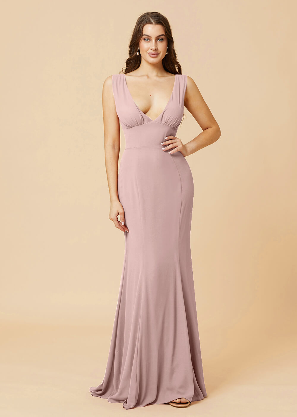 Deep V-neck Sheath Tie Back Chiffon Bridesmaid Dress