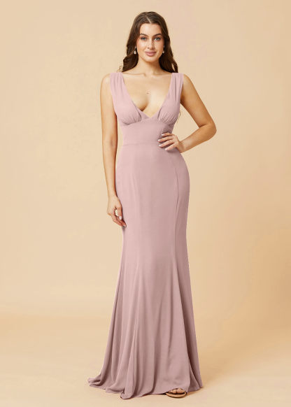 Deep V-neck Sheath Tie Back Chiffon Bridesmaid Dress