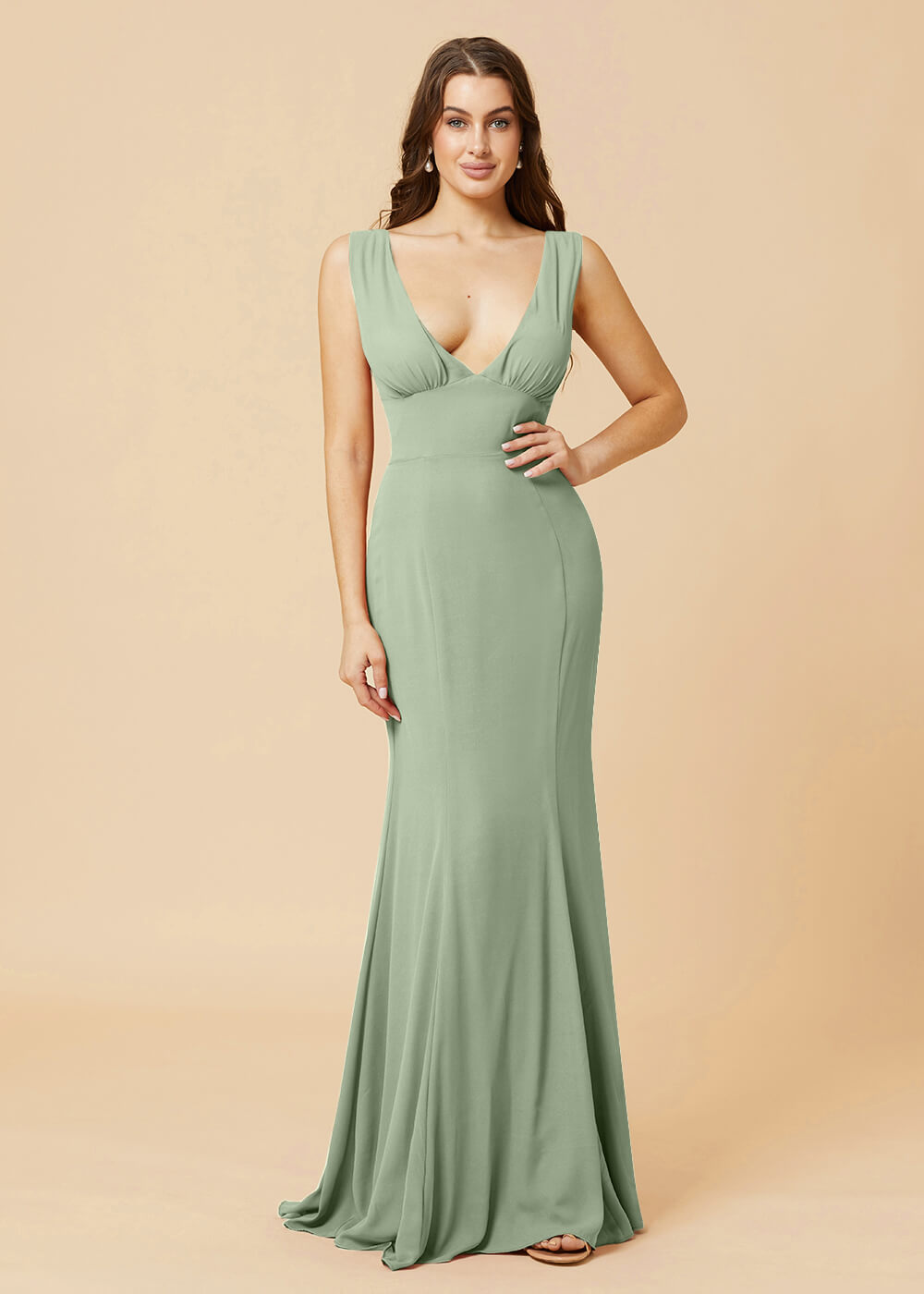 Deep V-neck Sheath Tie Back Chiffon Bridesmaid Dress