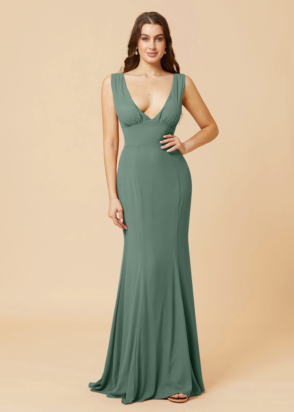 Deep V-neck Sheath Tie Back Chiffon Bridesmaid Dress