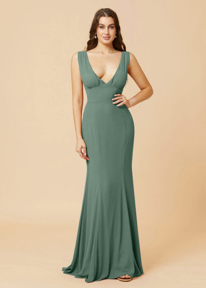 Deep V-neck Sheath Tie Back Chiffon Bridesmaid Dress