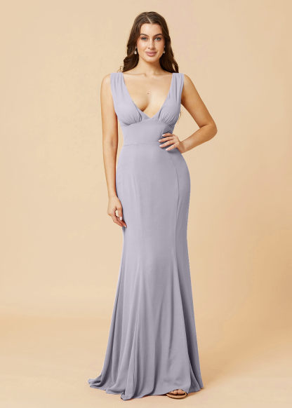 Deep V-neck Sheath Tie Back Chiffon Bridesmaid Dress