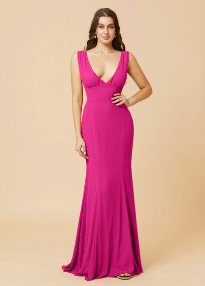 Deep V-neck Sheath Tie Back Chiffon Bridesmaid Dress