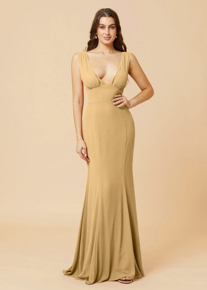 Deep V-neck Sheath Tie Back Chiffon Bridesmaid Dress