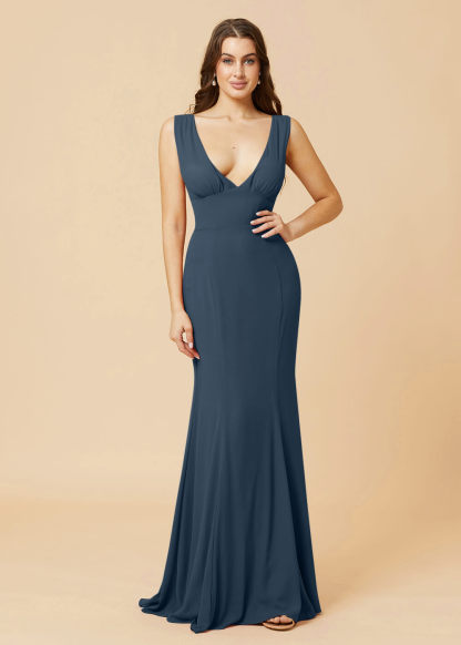 Deep V-neck Sheath Tie Back Chiffon Bridesmaid Dress