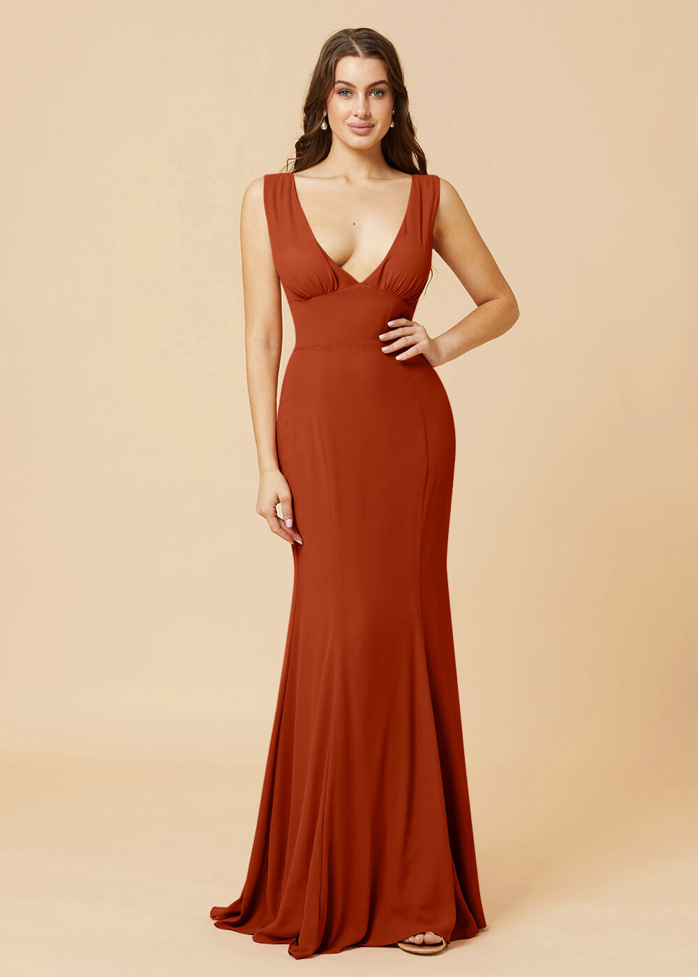 Deep V-neck Sheath Tie Back Chiffon Bridesmaid Dress