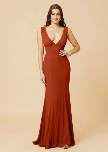 Deep V-neck Sheath Tie Back Chiffon Bridesmaid Dress