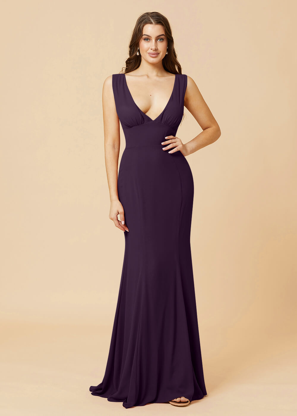 Deep V-neck Sheath Tie Back Chiffon Bridesmaid Dress