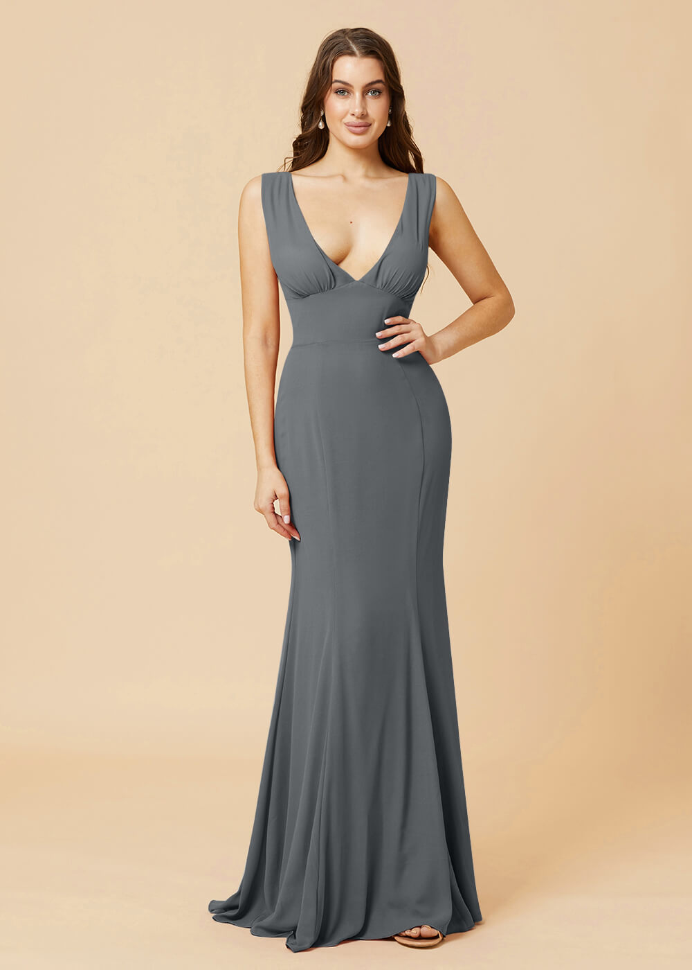 Deep V-neck Sheath Tie Back Chiffon Bridesmaid Dress