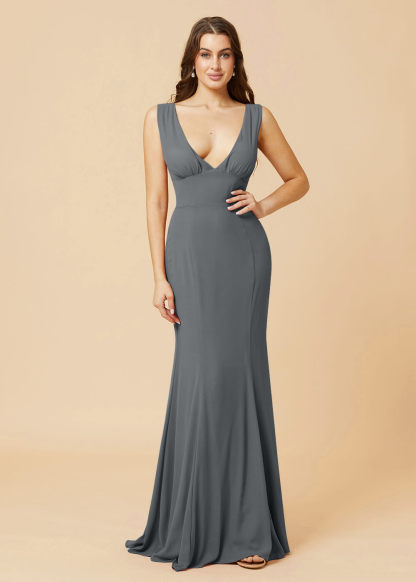 Deep V-neck Sheath Tie Back Chiffon Bridesmaid Dress