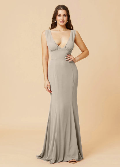 Deep V-neck Sheath Tie Back Chiffon Bridesmaid Dress
