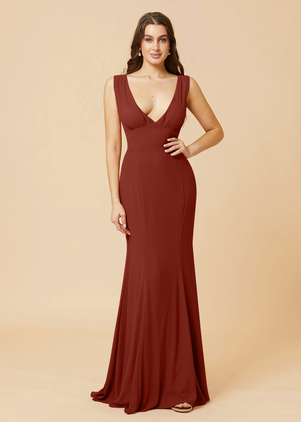 Deep V-neck Sheath Tie Back Chiffon Bridesmaid Dress