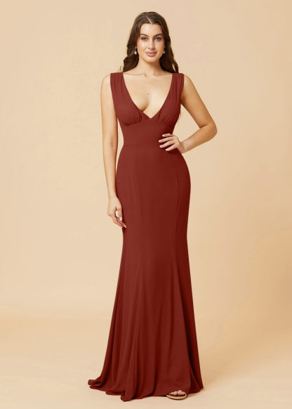 Deep V-neck Sheath Tie Back Chiffon Bridesmaid Dress