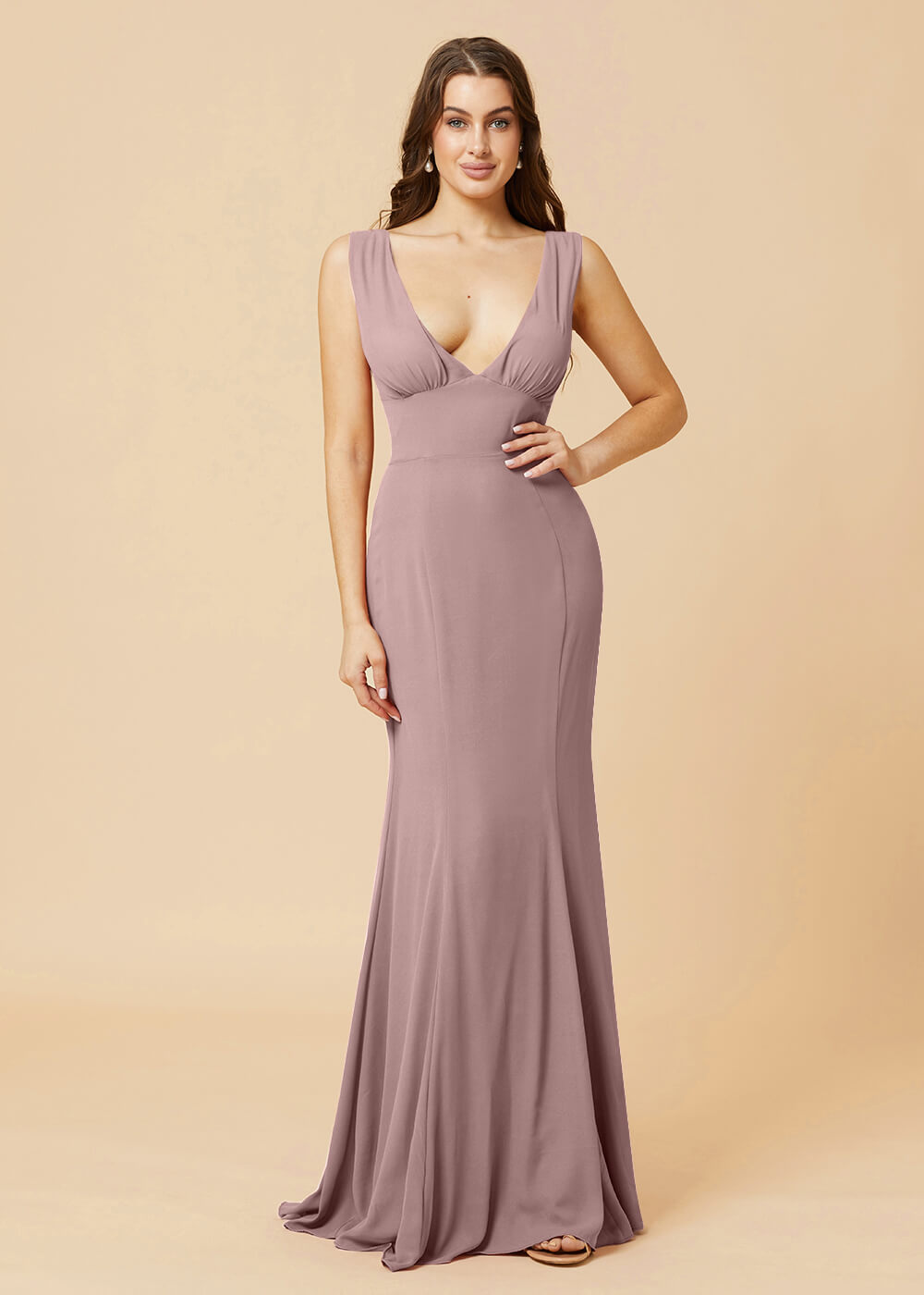 Deep V-neck Sheath Tie Back Chiffon Bridesmaid Dress