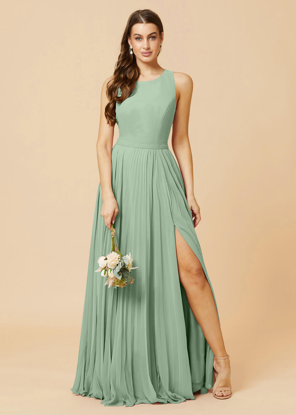 Round Neck A-line Pleated Chiffon Bridesmaid Dress