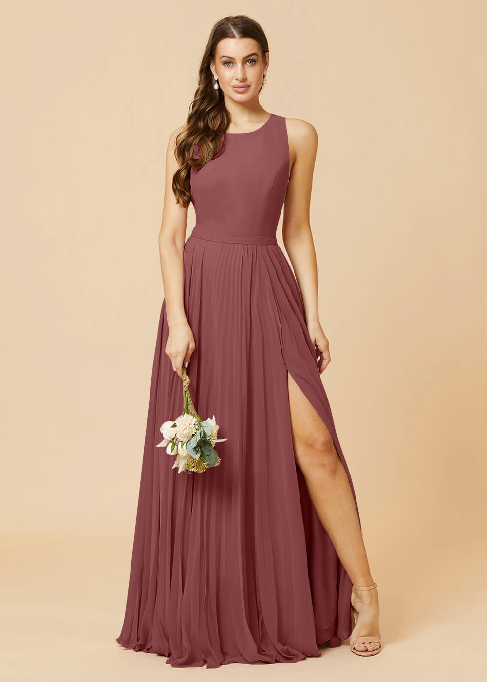 Round Neck A-line Pleated Chiffon Bridesmaid Dress