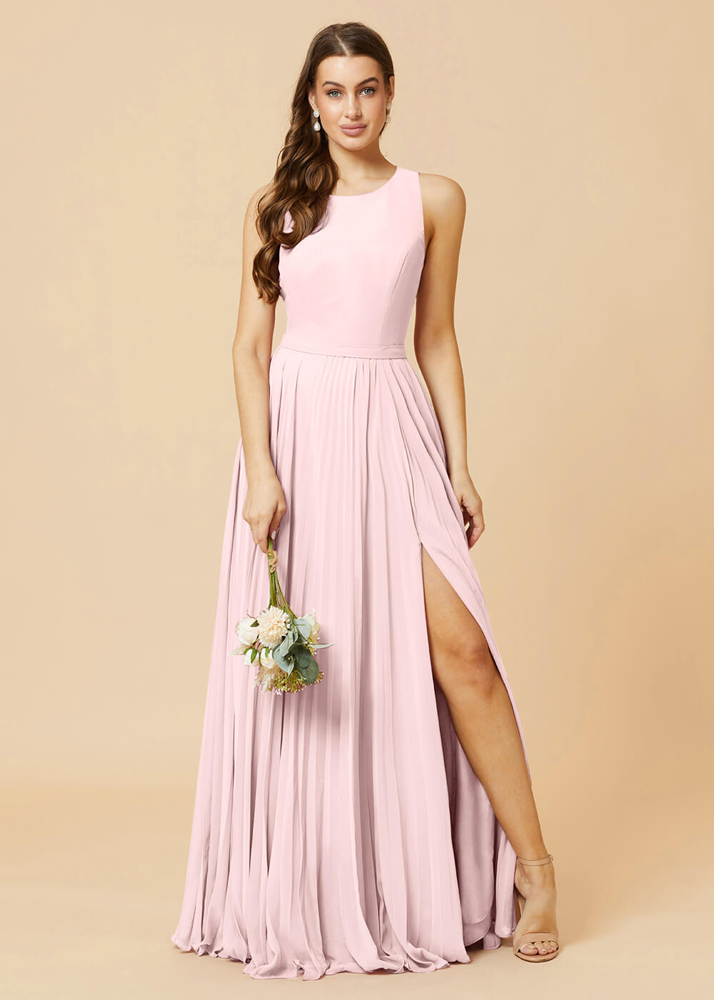 Round Neck A-line Pleated Chiffon Bridesmaid Dress