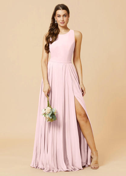 Round Neck A-line Pleated Chiffon Bridesmaid Dress