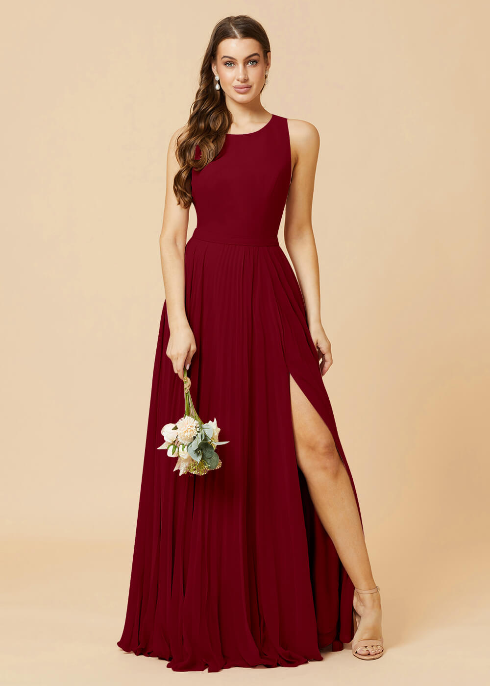 Round Neck A-line Pleated Chiffon Bridesmaid Dress