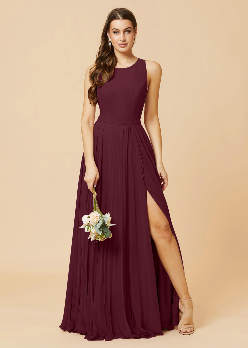 Round Neck A-line Pleated Chiffon Bridesmaid Dress
