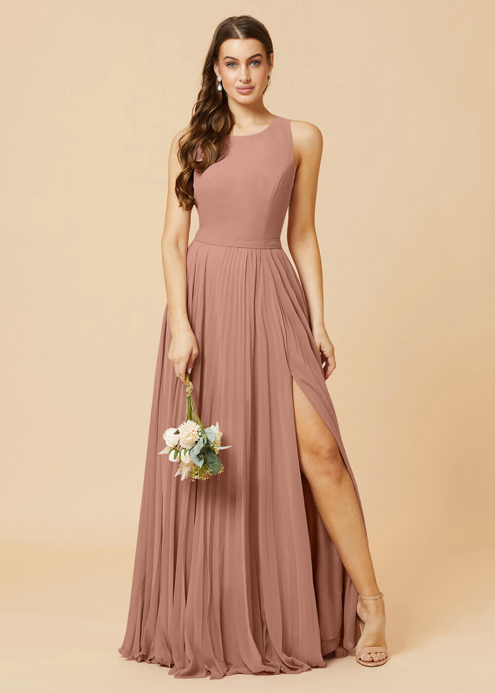 Round Neck A-line Pleated Chiffon Bridesmaid Dress
