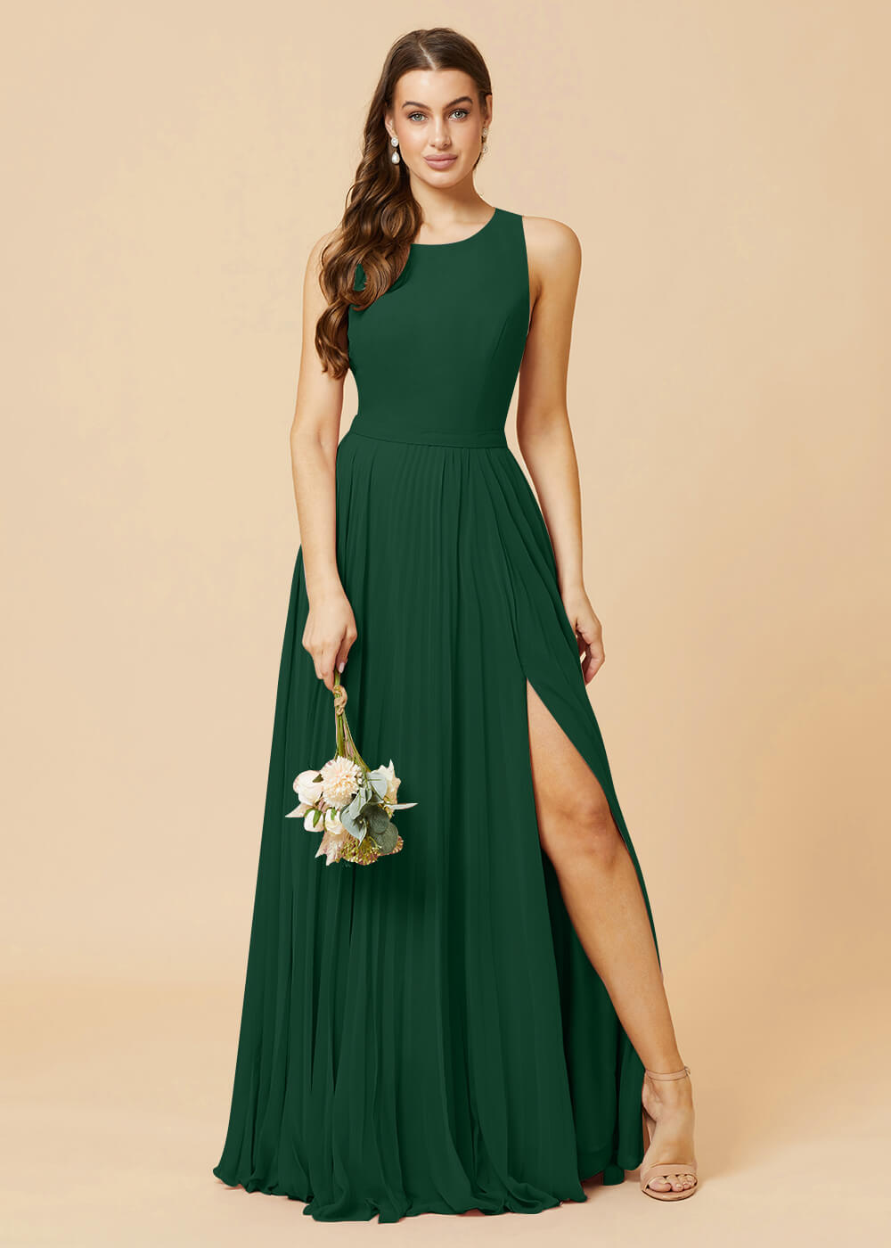 Round Neck A-line Pleated Chiffon Bridesmaid Dress