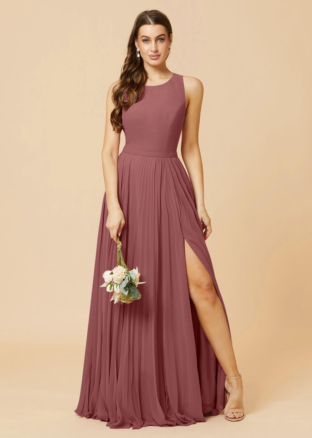Round Neck A-line Pleated Chiffon Bridesmaid Dress