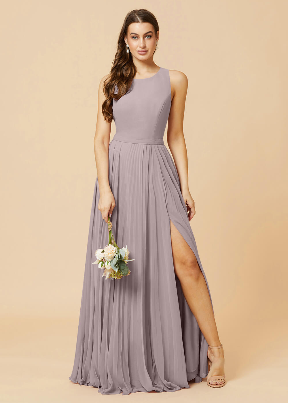 Round Neck A-line Pleated Chiffon Bridesmaid Dress