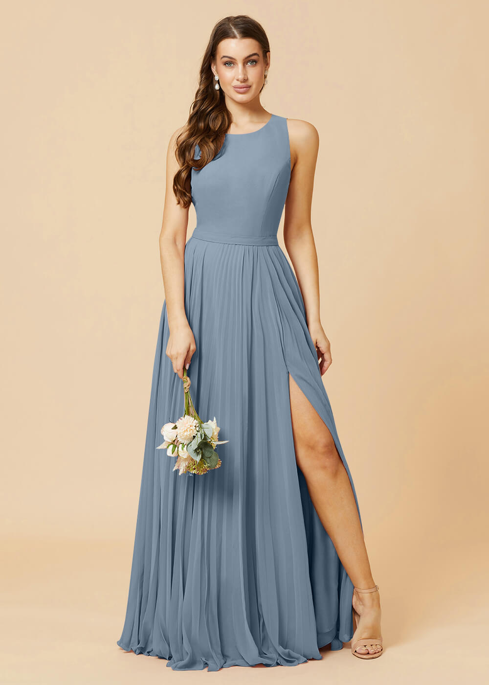 Round Neck A-line Pleated Chiffon Bridesmaid Dress