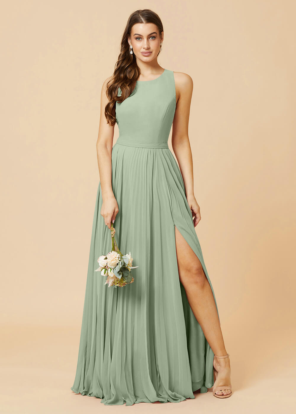 Round Neck A-line Pleated Chiffon Bridesmaid Dress