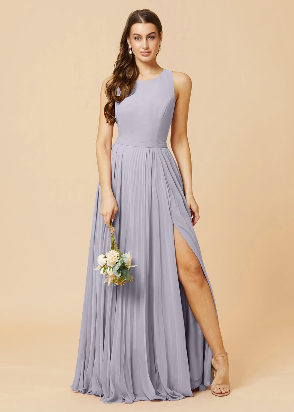 Round Neck A-line Pleated Chiffon Bridesmaid Dress