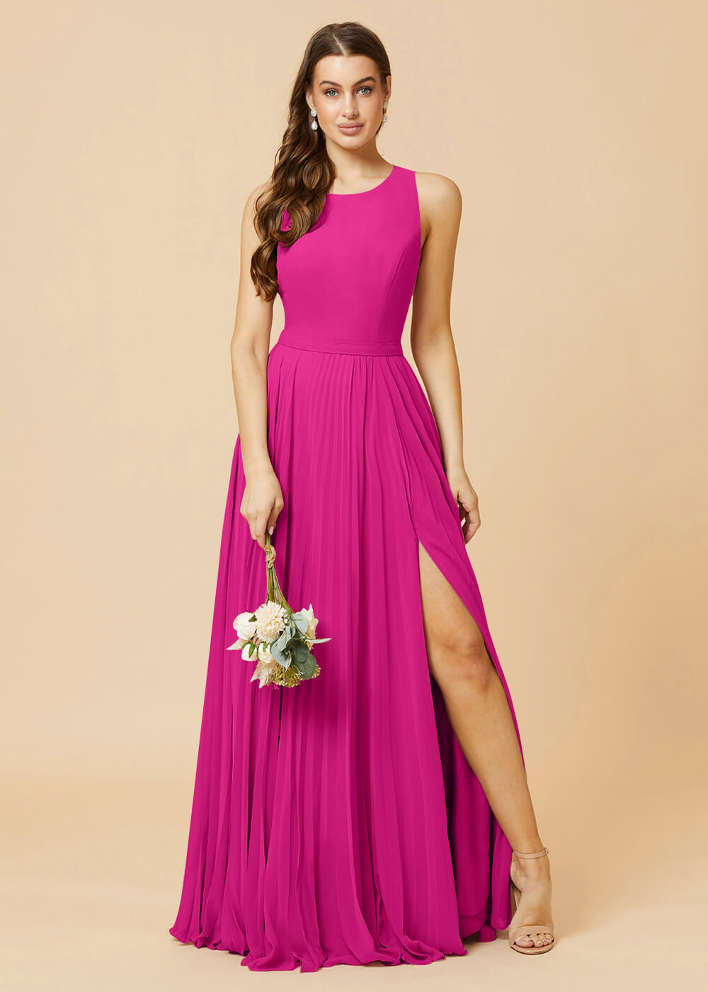 Round Neck A-line Pleated Chiffon Bridesmaid Dress