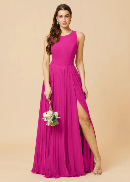 Round Neck A-line Pleated Chiffon Bridesmaid Dress