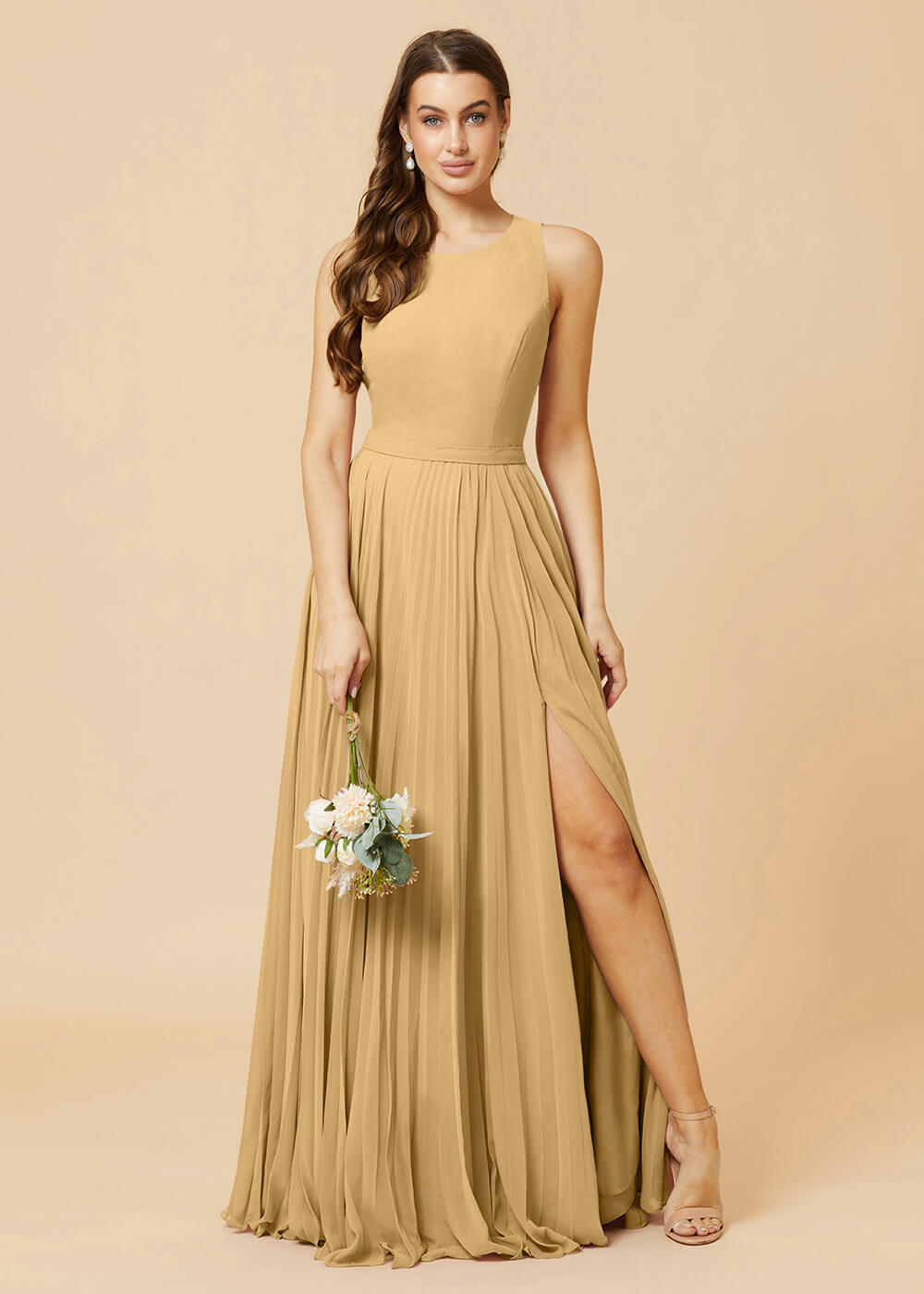 Round Neck A-line Pleated Chiffon Bridesmaid Dress