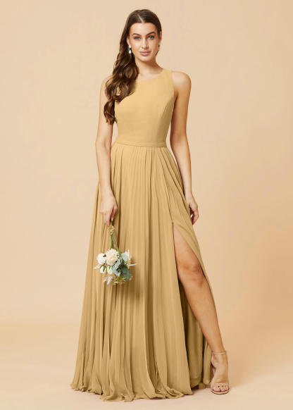 Round Neck A-line Pleated Chiffon Bridesmaid Dress