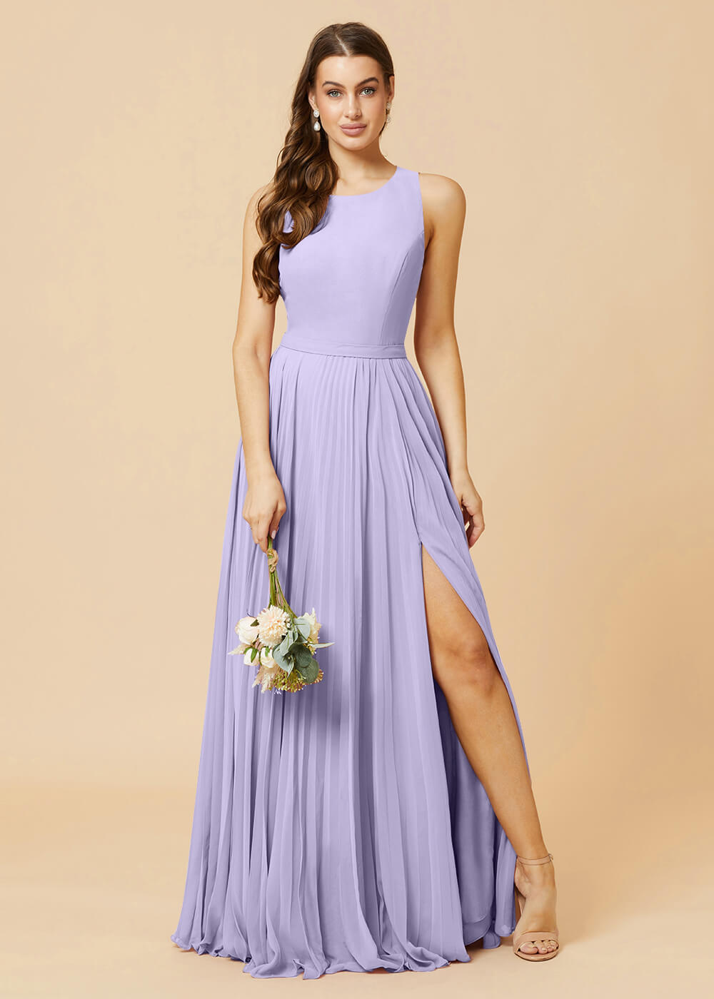 Round Neck A-line Pleated Chiffon Bridesmaid Dress