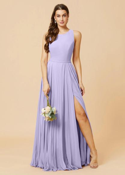 Round Neck A-line Pleated Chiffon Bridesmaid Dress