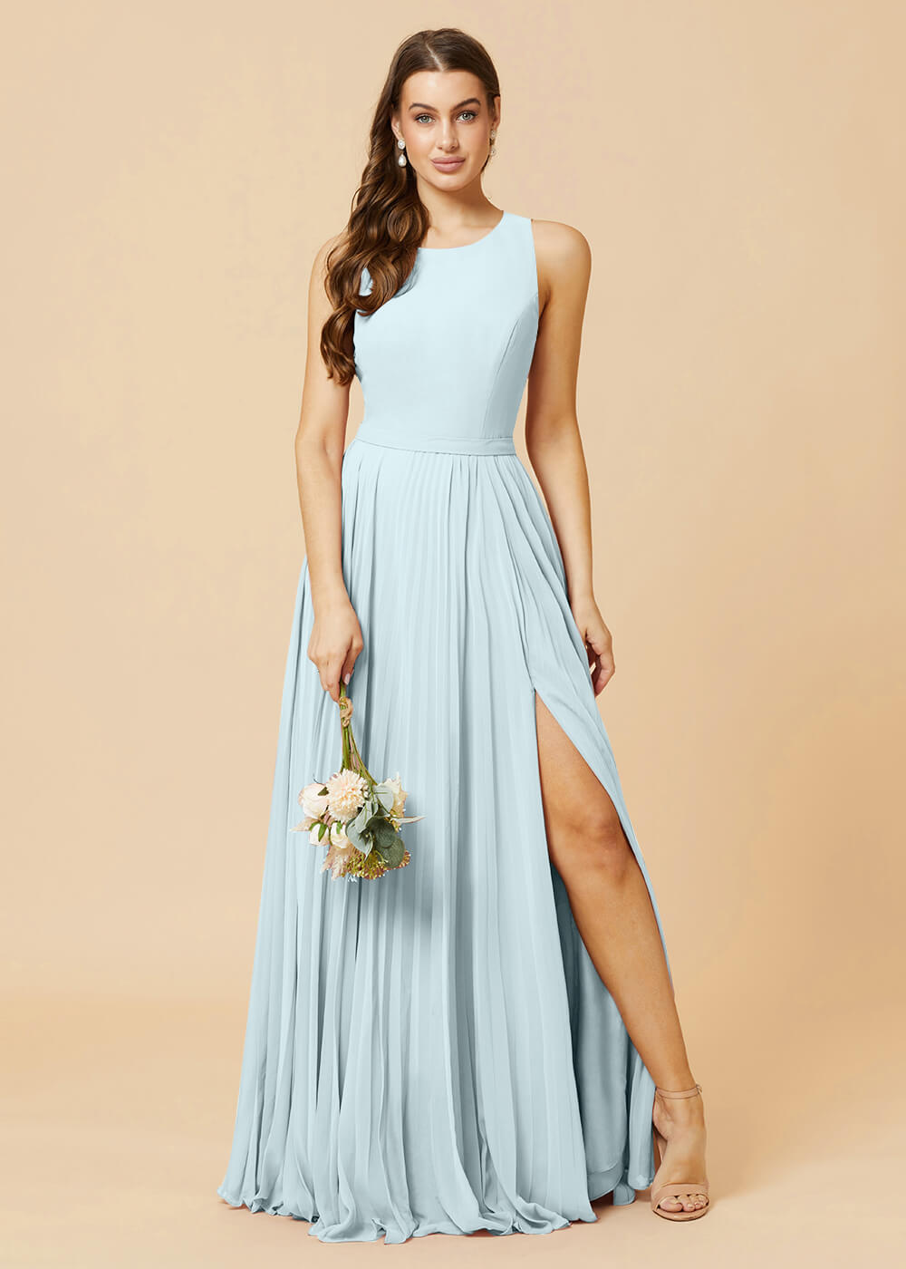 Round Neck A-line Pleated Chiffon Bridesmaid Dress