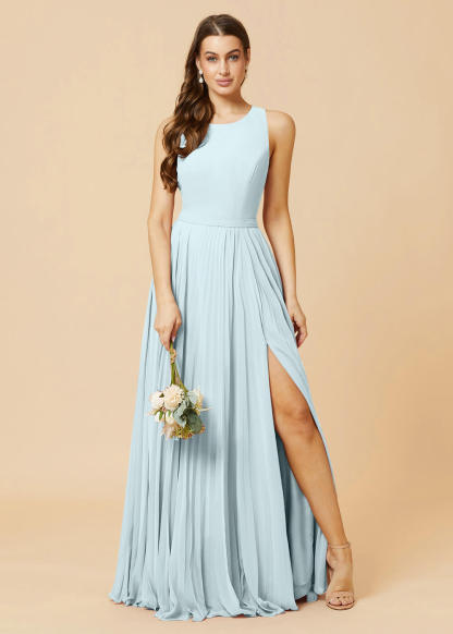 Round Neck A-line Pleated Chiffon Bridesmaid Dress