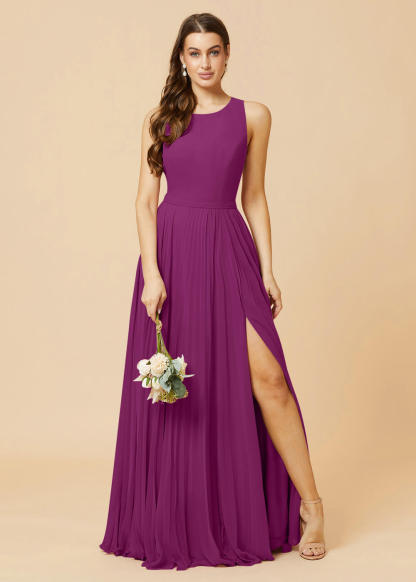 Round Neck A-line Pleated Chiffon Bridesmaid Dress