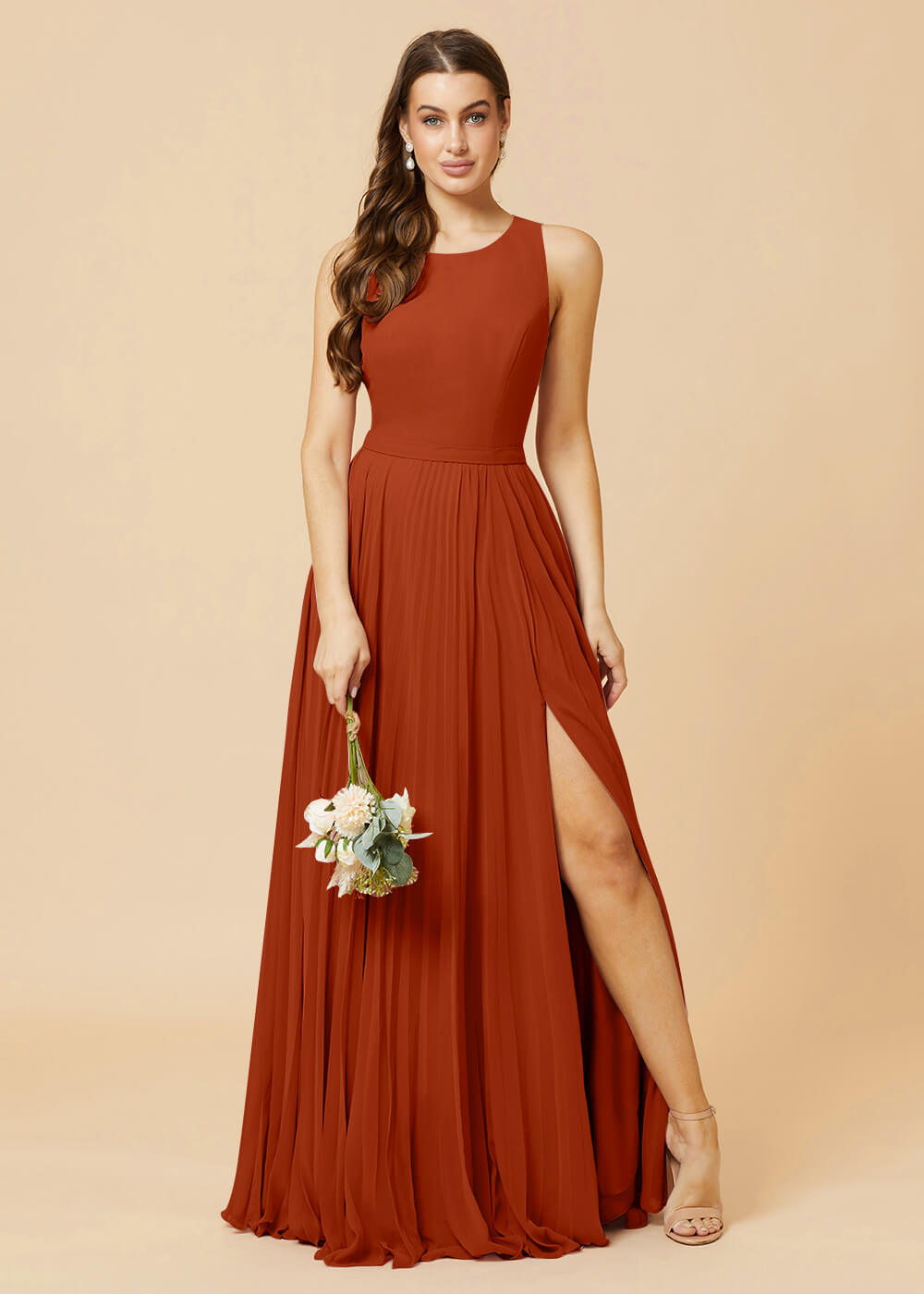 Round Neck A-line Pleated Chiffon Bridesmaid Dress