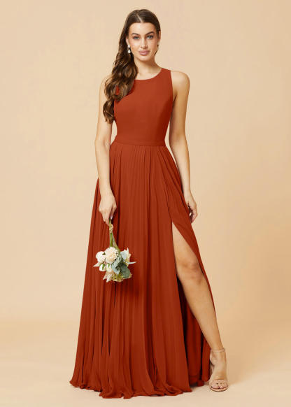 Round Neck A-line Pleated Chiffon Bridesmaid Dress