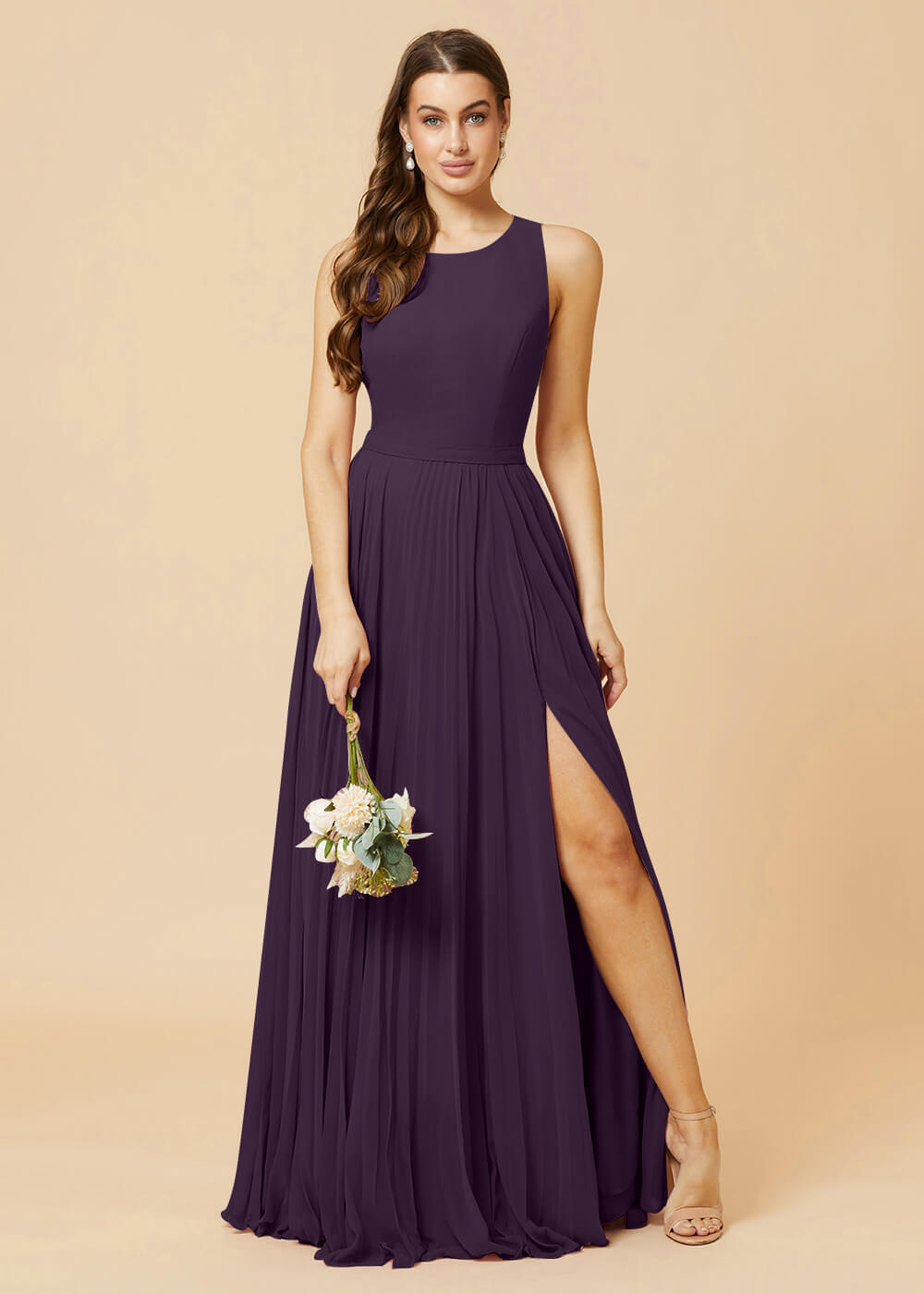 Round Neck A-line Pleated Chiffon Bridesmaid Dress