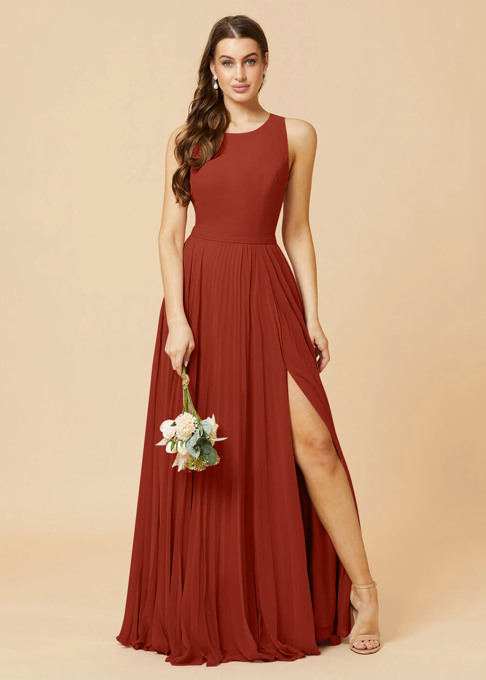 Round Neck A-line Pleated Chiffon Bridesmaid Dress