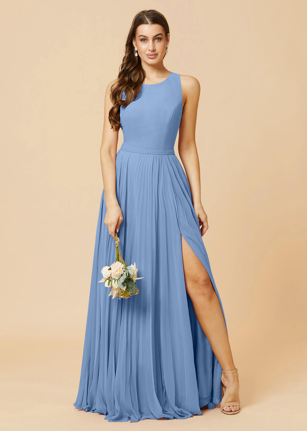 Round Neck A-line Pleated Chiffon Bridesmaid Dress